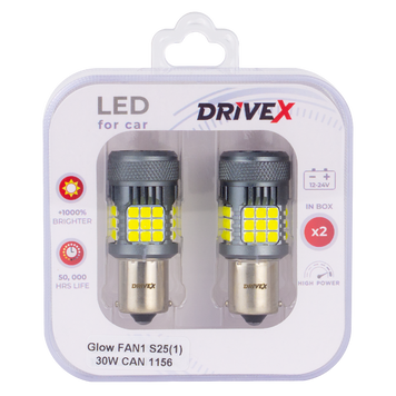 Світлодіоди в габаритні вогні. Підсвітку номера та салона DriveX Glow FAN1 S25(1) 9-48V 30W CAN 3000Lm 1156/P21W BA15S d-15mm к-т. DR-00003386 фото