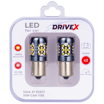 Світлодіоди в габаритні вогні. Підсвітку номера та салона DriveX Glow X1 S25(1) 12-24V 10W CAN 1200Lm 1156/P21W BA15S d-15mm к-т. DR-00003405 фото