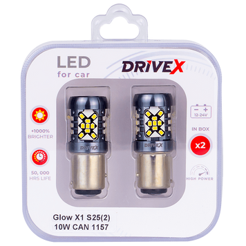 Світлодіоди в габаритні вогні. Підсвітку номера та салона DriveX Glow X1 S25(2) 12-24V 10W CAN 1200Lm 1157/P21/5W BAY15D d-15mm к-т. DR-00003407 фото