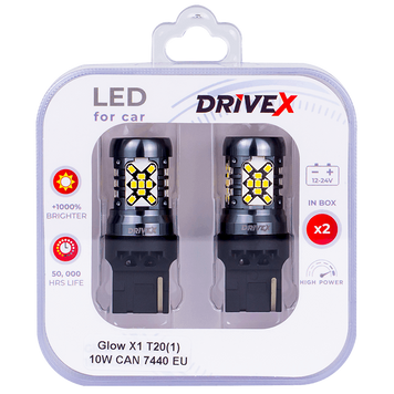 Світлодіоди в габаритні вогні. Підсвітку номера та салона DriveX Glow X1 T20(1) 12-24V 10W CAN 1200Lm 7440/W21W base-16mm EU к-т. DR-00003410 фото