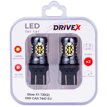 Світлодіоди в габаритні вогні. Підсвітку номера та салона DriveX Glow X1 T20(2) 12-24V 10W CAN 1200Lm 7443/W21/5W base-16mm EU к-т. DR-00003411 фото