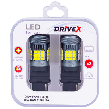Світлодіоди в габаритні вогні. Підсвітку номера та салона DriveX Glow FAN1 T25(1) 9-48V 30W CAN 3000Lm 3156/P27W base-16mm USA к-т. DR-00003388 фото
