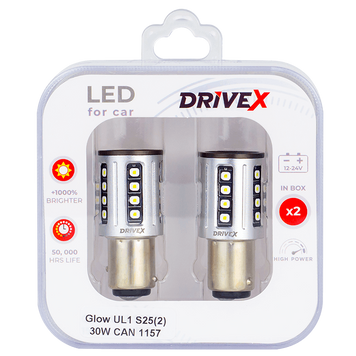 Світлодіоди в габаритні вогні. Підсвітку номера та салона DriveX Glow UL1 S25(2) 9-48V 30W CAN 2600Lm 1157/P21/5W BAY15D d-15mm к-т. DR-00003393 фото