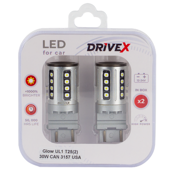 Світлодіоди в габаритні вогні. Підсвітку номера та салона DriveX Glow UL1 T25(2) 9-48V 30W CAN 2600Lm 3157/P27/7W base-16mm USA к-т. DR-00003395 фото