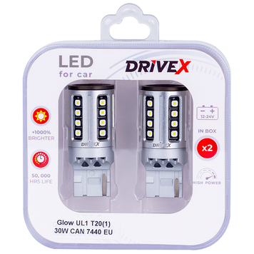 Світлодіоди в габаритні вогні. Підсвітку номера та салона DriveX Glow UL1 T20(1) 9-48V 30W CAN 2600Lm 7440/W21W base-16mm EU к-т. DR-00003396 фото