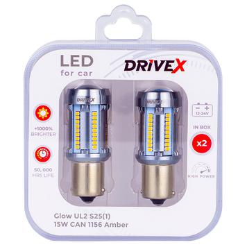Світлодіоди в габаритні вогні. Підсвітку номера та салона DriveX Glow UL2 S25(1) Amber 12V 15W CAN 2600Lm 1156/P21W BA15S d-15mm к-т. DR-00003399 фото