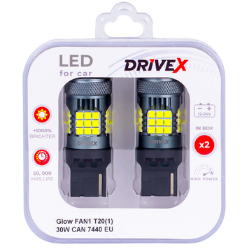 Світлодіоди в габаритні вогні. Підсвітку номера та салона DriveX Glow FAN1 T20(1) 9-48V 30W CAN 3000Lm 7440/W21W base-16mm EU к-т. DR-00003390 фото