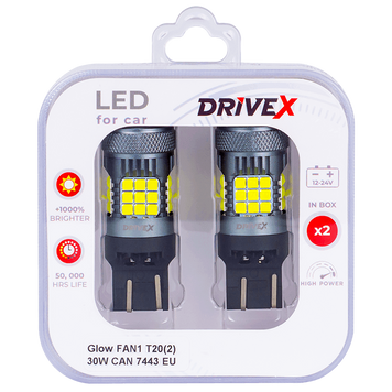 Світлодіоди в габаритні вогні. Підсвітку номера та салона DriveX Glow FAN1 T20(2) 9-48V 30W CAN 3000Lm 7443/W21/5W base-16mm EU к-т. DR-00003391 фото